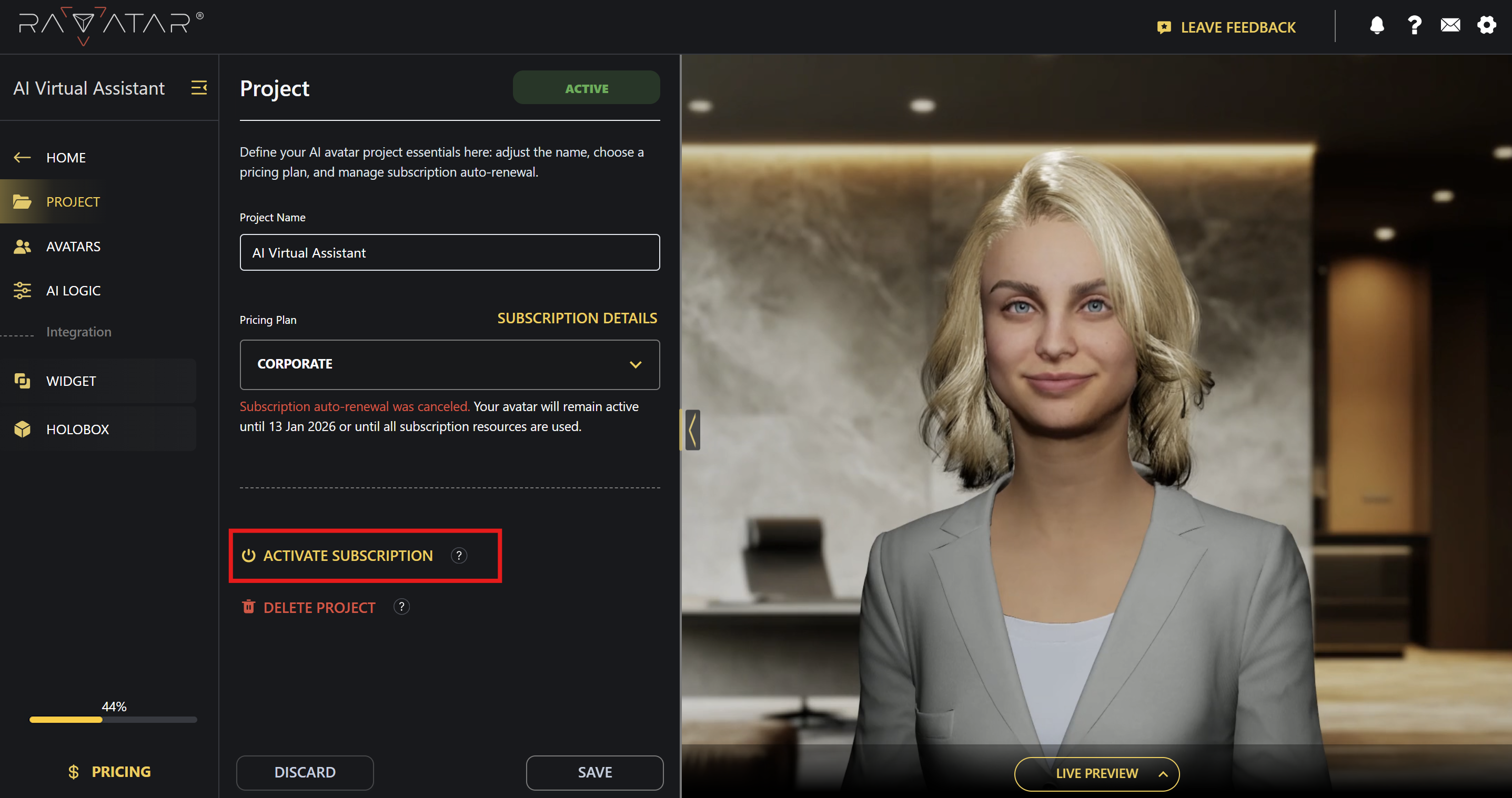 Genesis Studio activate AI avatar subscription at project tab