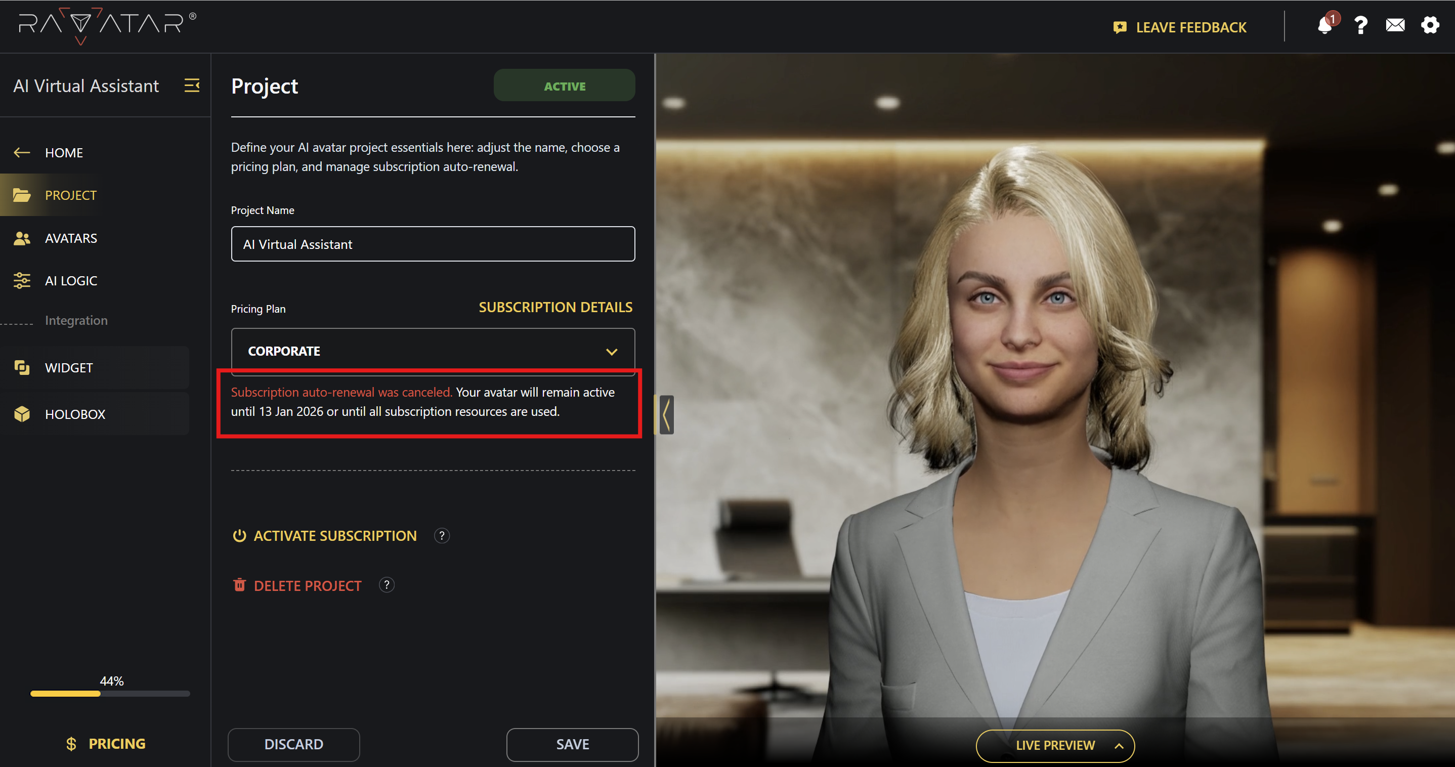 Genesis Studio information on deactivated AI avatar subscription terms