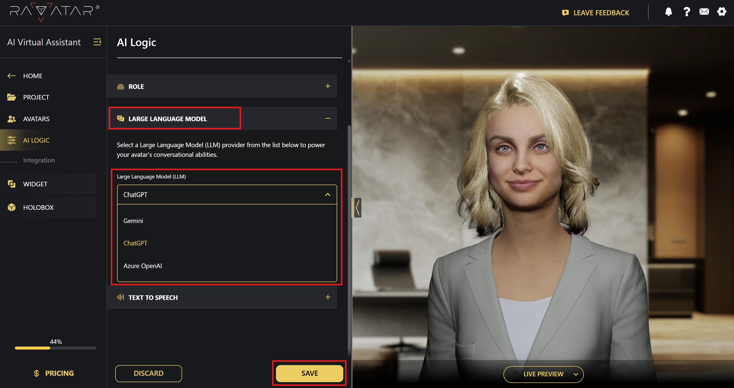 Genesis Studio choose LLM powering AI avatar in configuration wizard