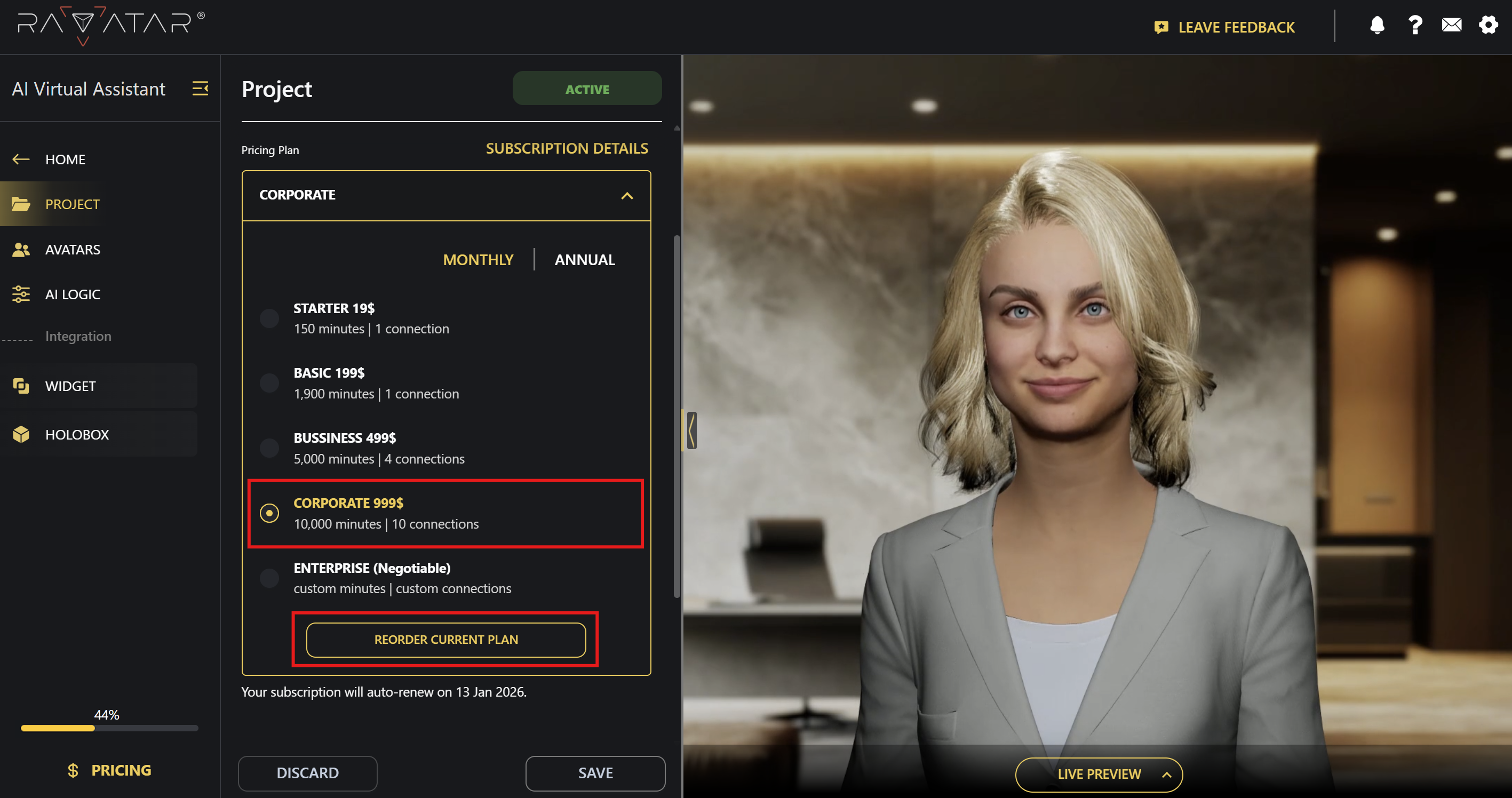Genesis Studio reorder AI avatar project plan in configuration wizard