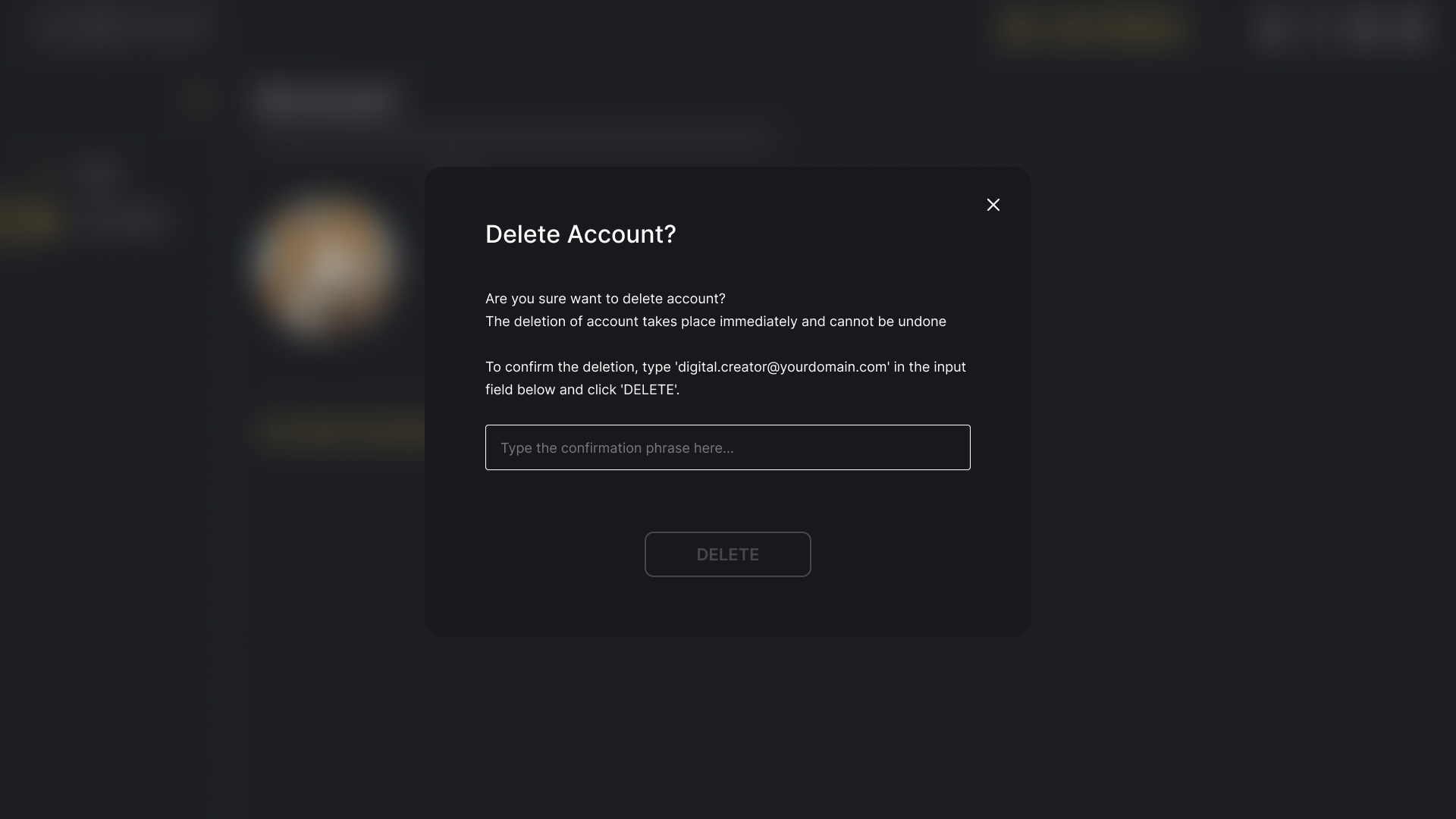 Delete Account confirmation dialog in Genesis Studio dashboard