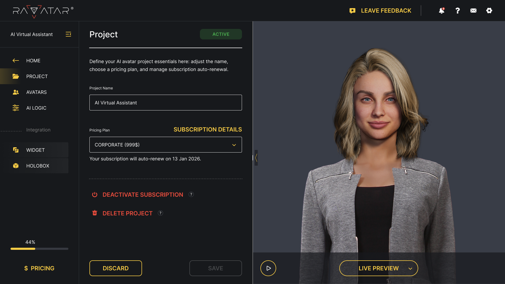 Genesis Studio AI avatar configuration wizard for new project